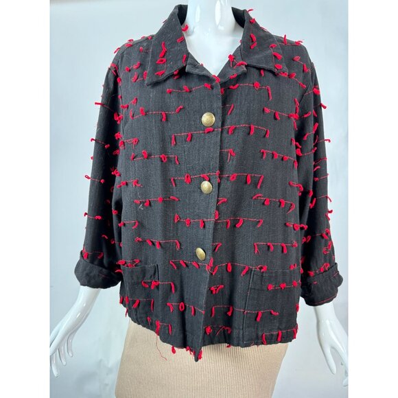 Vintage Black & Red Cactus Flower Jacket With Textured Knot Detailing & Brass Bu - Picture 14 of 16